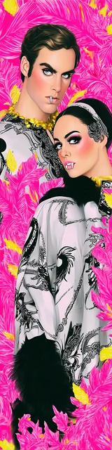 Free vampire bookmark featuring a vampire couple on a pink background